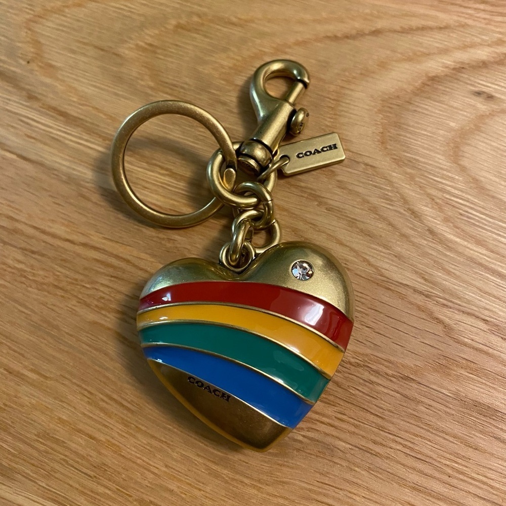 *NWOT* Coach XL Gold Heart Keychain with Rhinestone & Enamel Multicolor Stripes